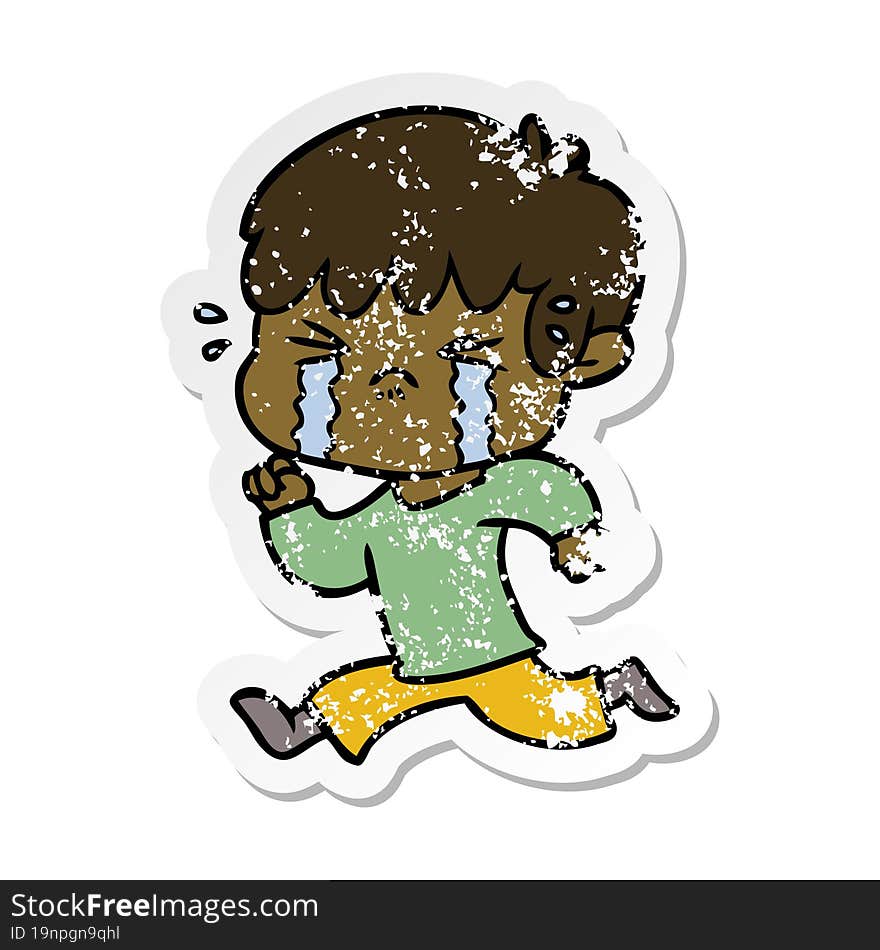 distressed sticker of a cartoon boy crying