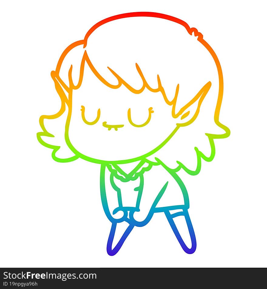 rainbow gradient line drawing happy cartoon elf girl posing