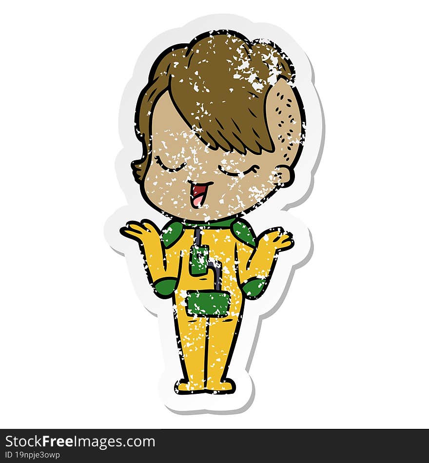 distressed sticker of a happy cartoon girl in space suit