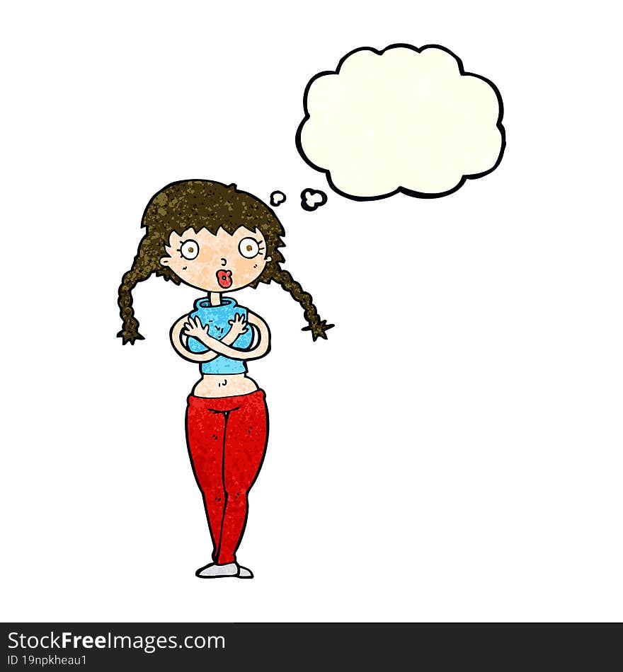 cartoon offended woman covering herself with thought bubble