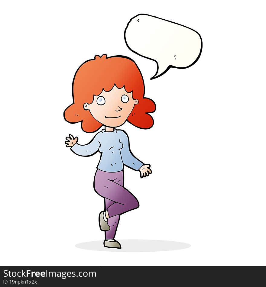 cartoon friendly woman waving with speech bubble