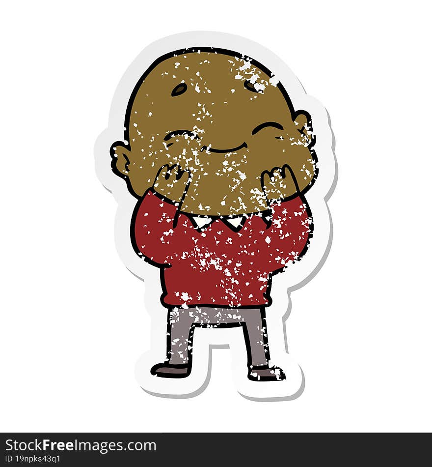 distressed sticker of a happy cartoon bald man