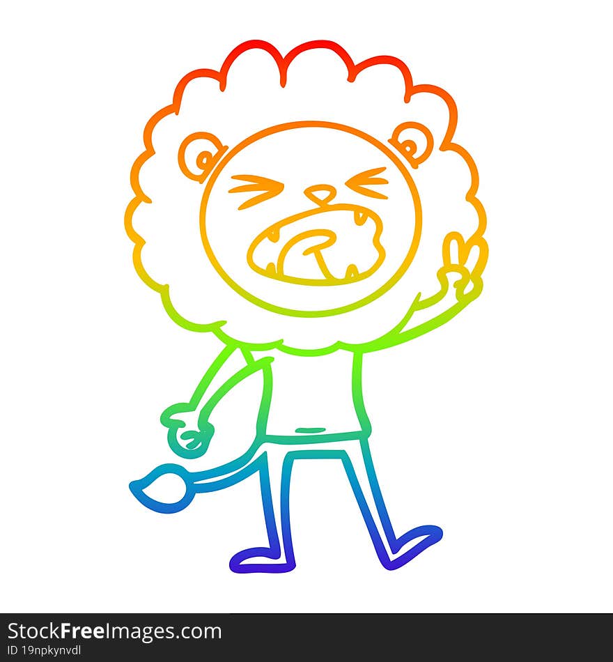 rainbow gradient line drawing cartoon lion giving peac sign