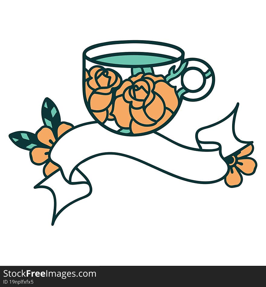 tattoo with banner of a cup and flowers