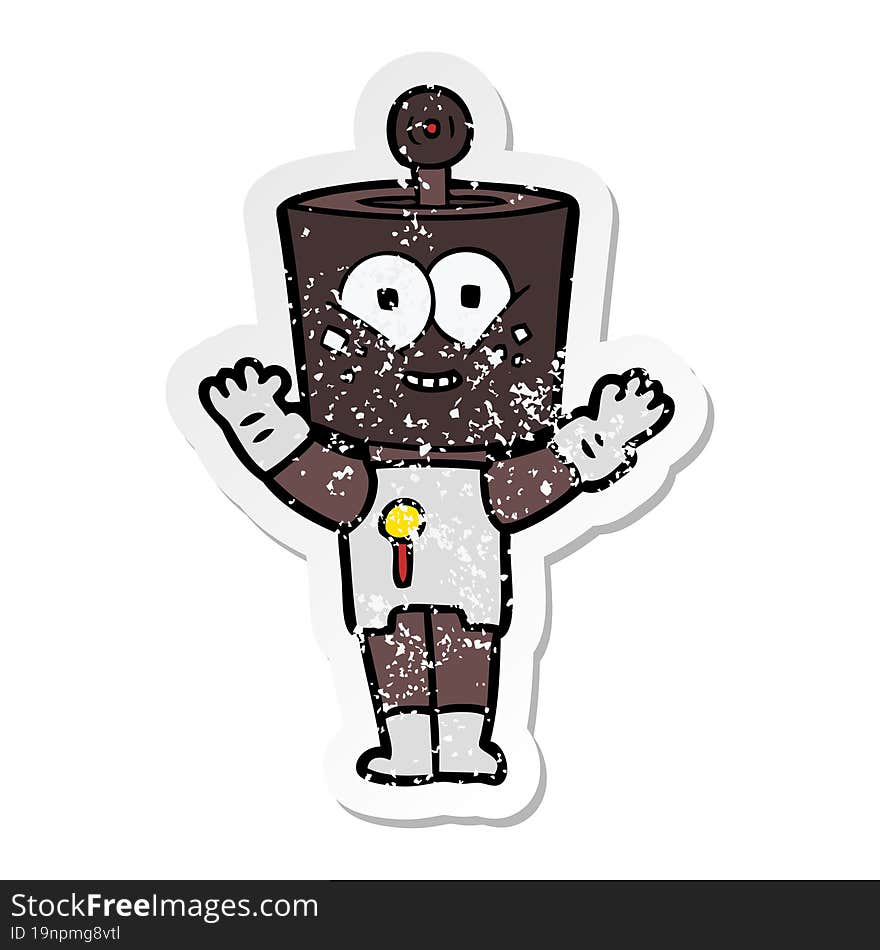 distressed sticker of a happy cartoon robot