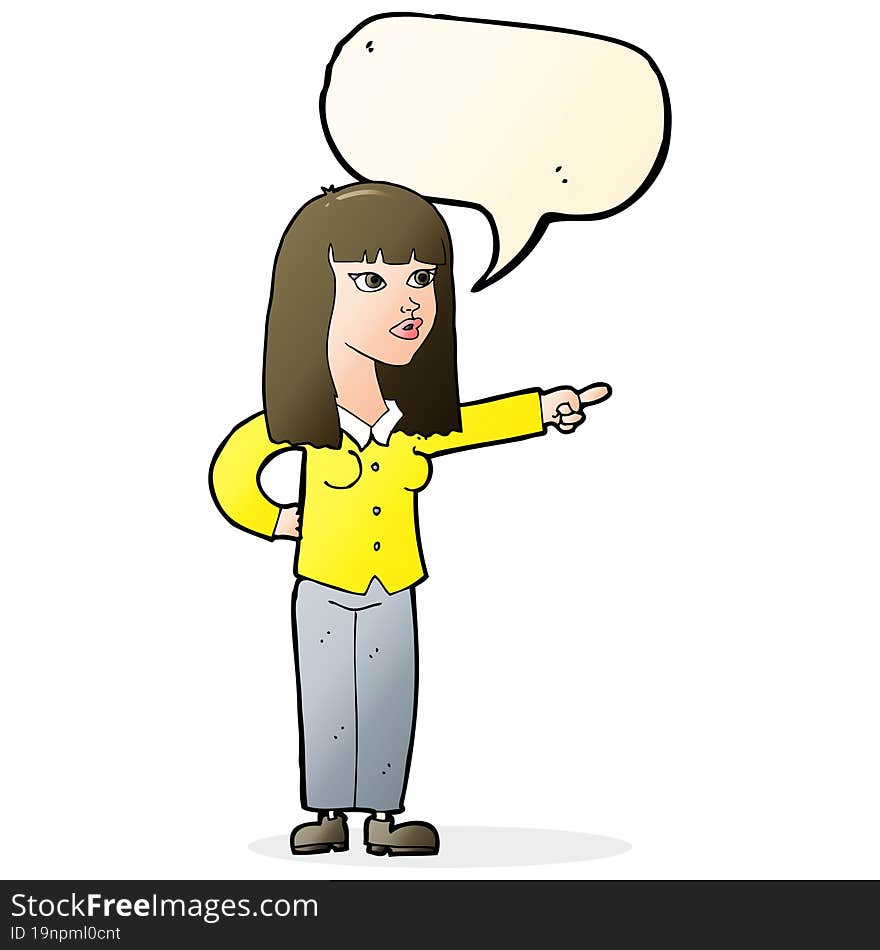 cartoon pretty woman pointing with speech bubble