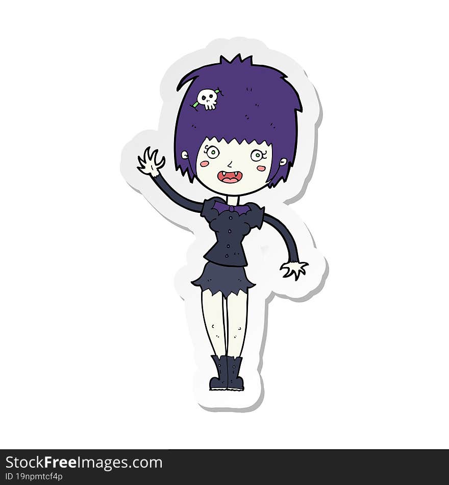 sticker of a cartoon waving vampire girl