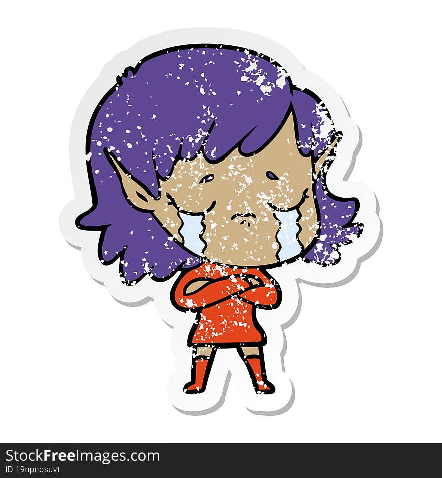 distressed sticker of a cartoon crying elf girl