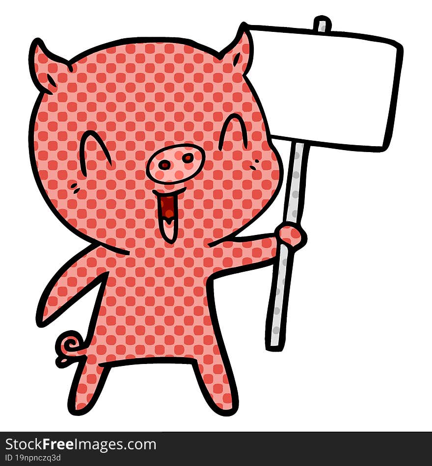 happy cartoon pig with sign post. happy cartoon pig with sign post