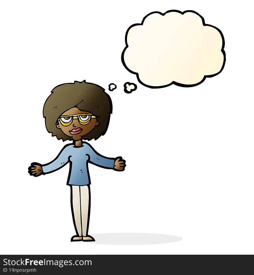 cartoon woman wearing spectacles with thought bubble