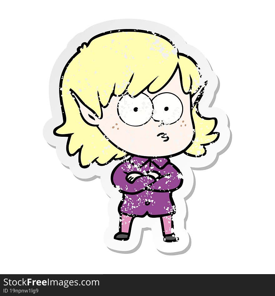 Distressed Sticker Of A Cartoon Elf Girl Staring