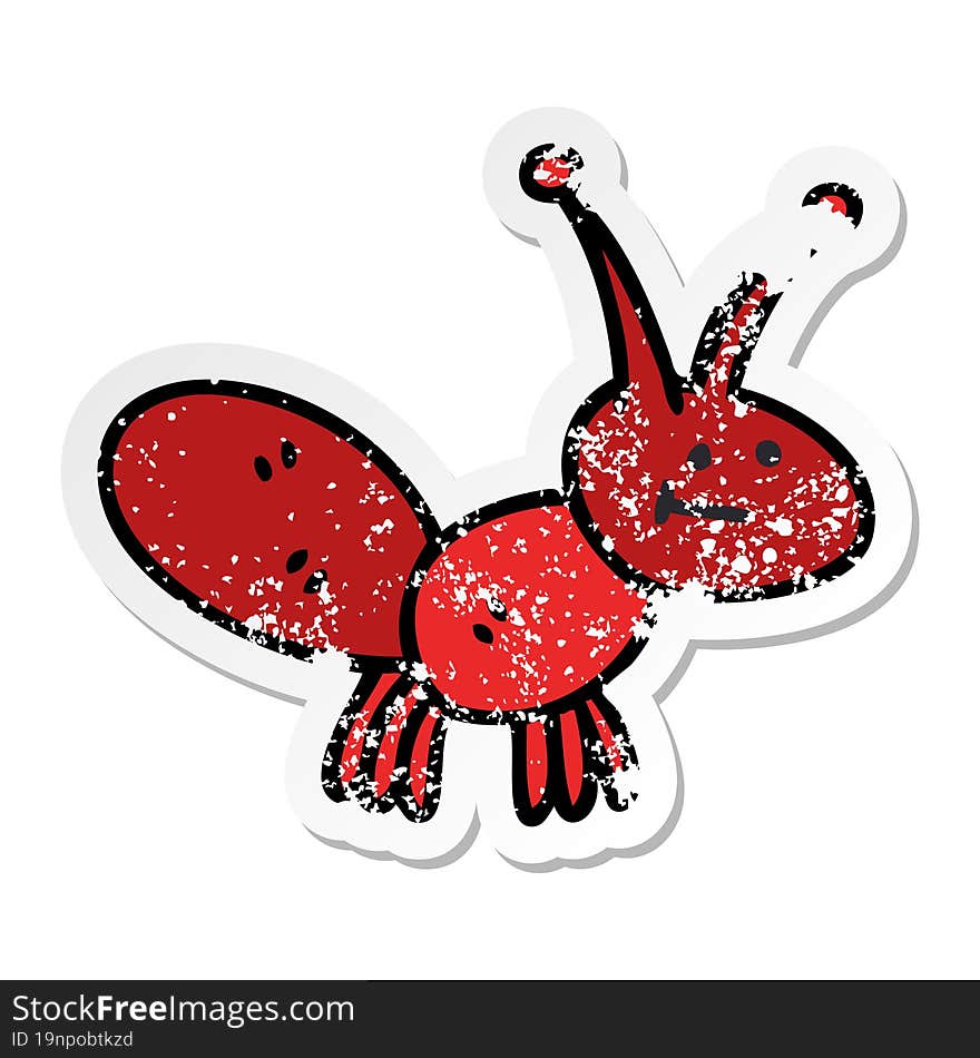 distressed sticker of a quirky hand drawn cartoon ant