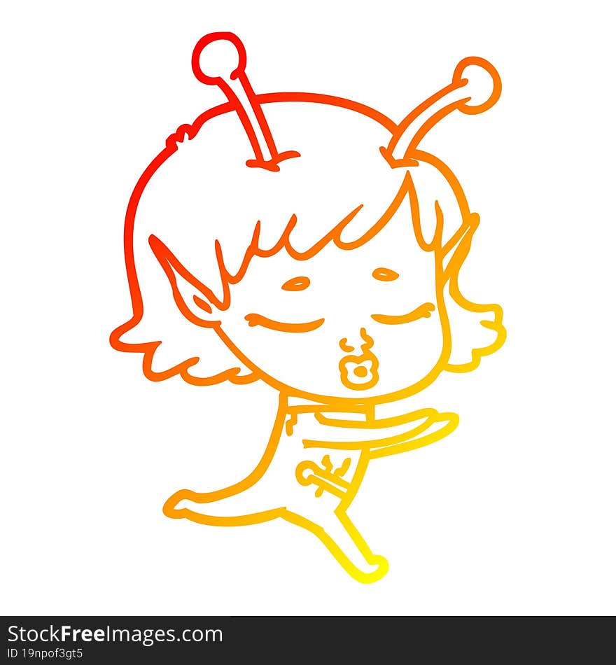 warm gradient line drawing of a cartoon alien girl