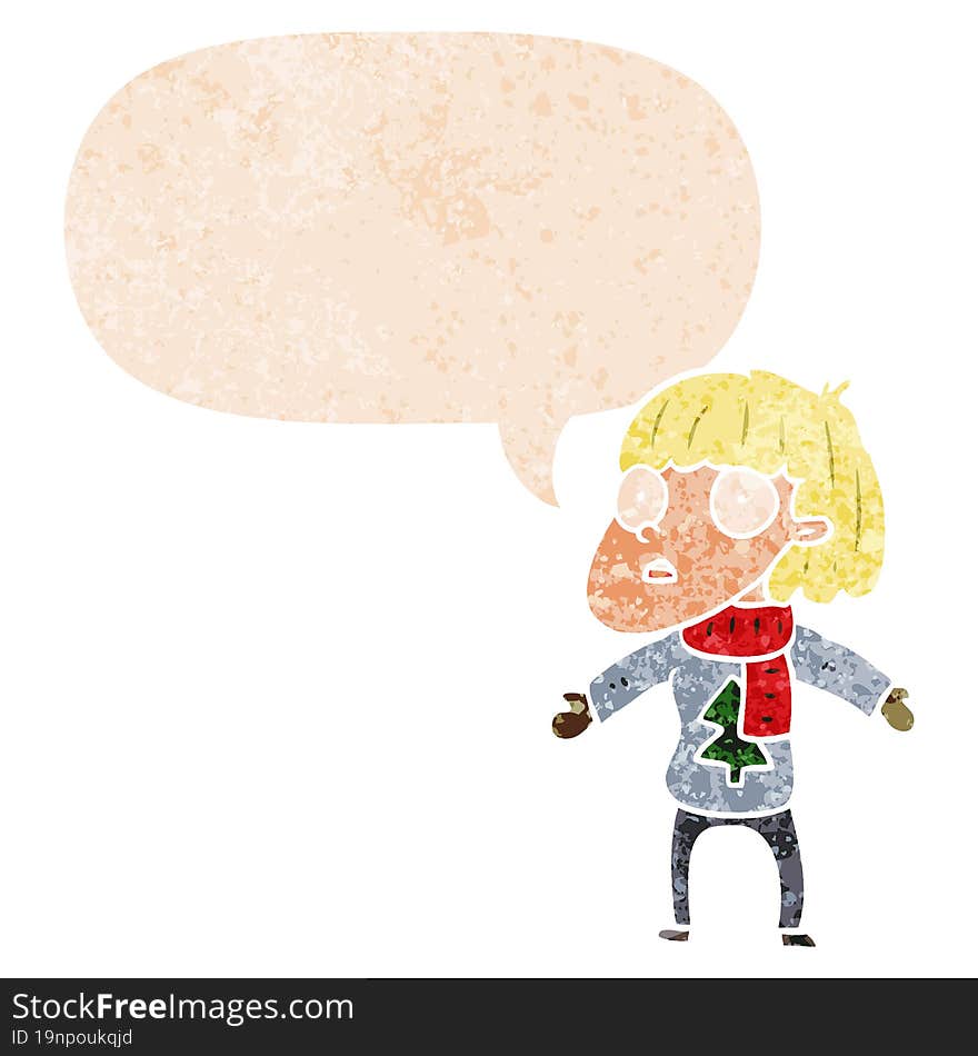 cartoon surprised christmas person with speech bubble in grunge distressed retro textured style. cartoon surprised christmas person with speech bubble in grunge distressed retro textured style