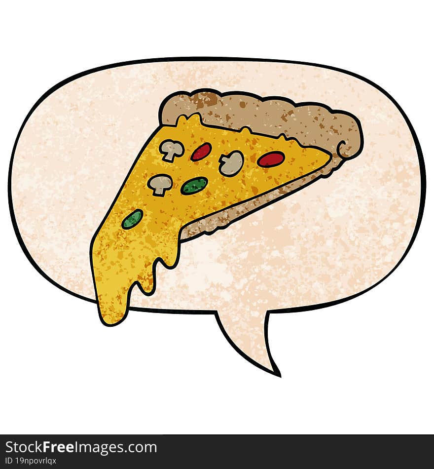 Cartoon Pizza Slice And Speech Bubble In Retro Texture Style