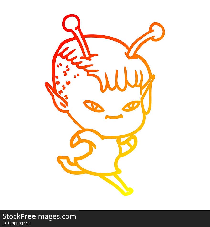 warm gradient line drawing of a cute cartoon alien girl