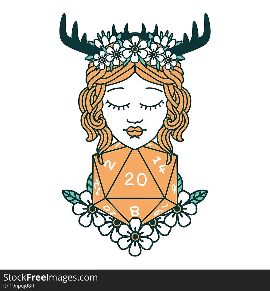 Human Druid With Natural Twenty Dice Roll Illustration