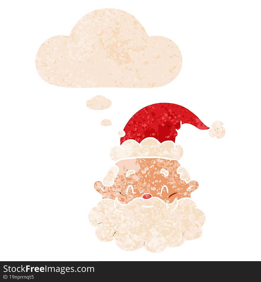 Cartoon Santa Claus And Thought Bubble In Retro Textured Style