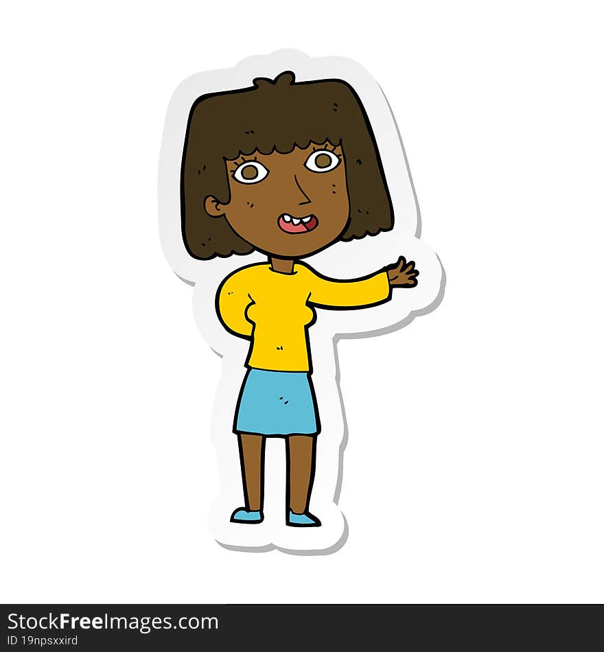 Sticker Of A Cartoon Friendly Woman Waving