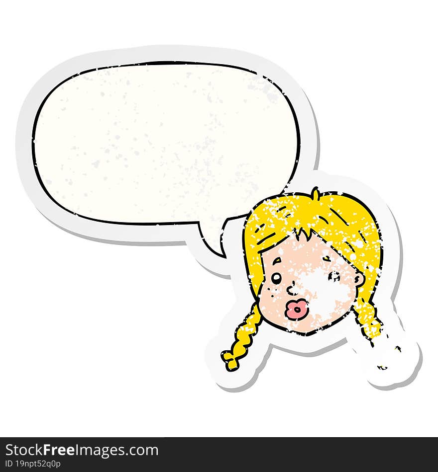 cartoon girls face with speech bubble distressed distressed old sticker. cartoon girls face with speech bubble distressed distressed old sticker