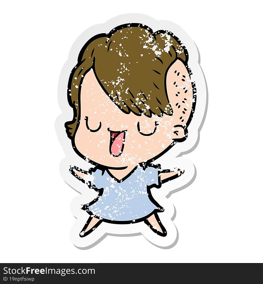 distressed sticker of a cute cartoon girl with hipster haircut