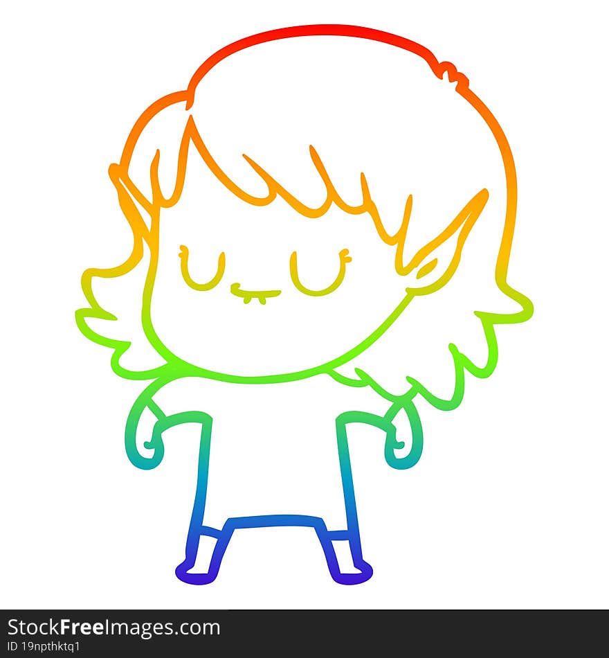 Rainbow Gradient Line Drawing Happy Cartoon Elf Girl