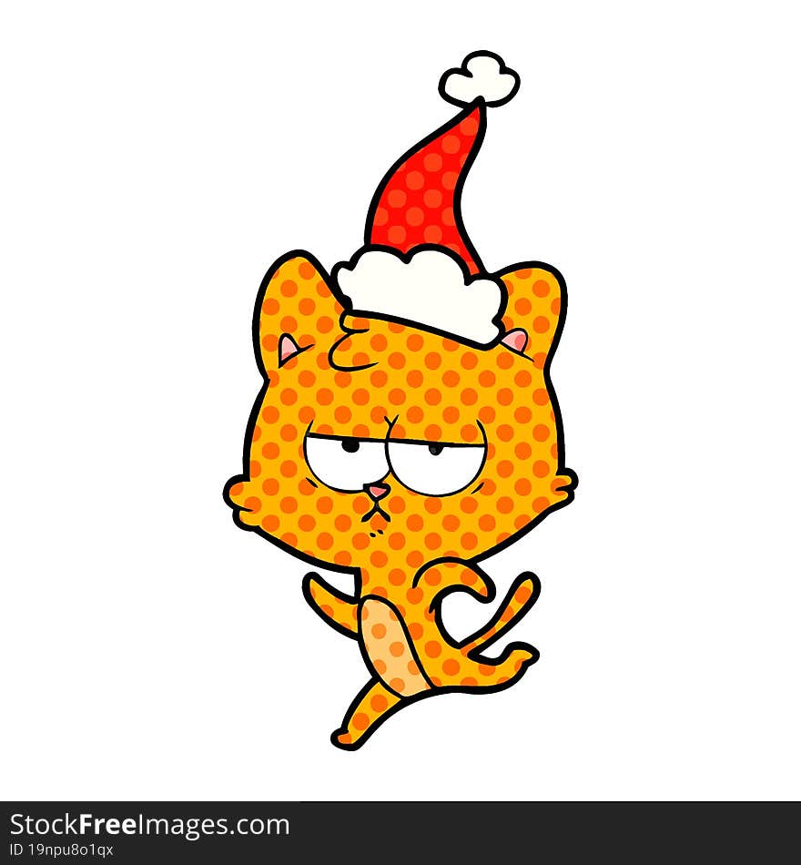 Bored Comic Book Style Illustration Of A Cat Wearing Santa Hat