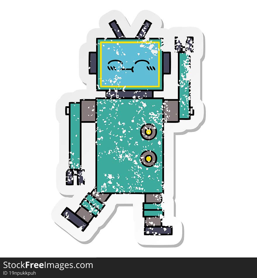 Distressed Sticker Of A Cute Cartoon Happy Robot