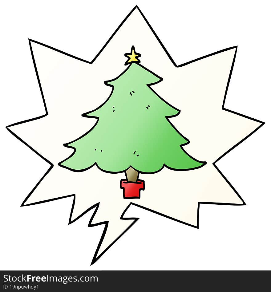 cartoon christmas tree and speech bubble in smooth gradient style