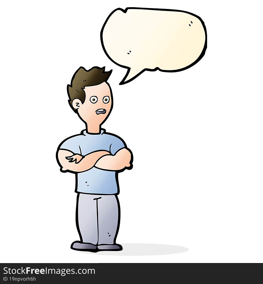 cartoon man with crossed arms with speech bubble