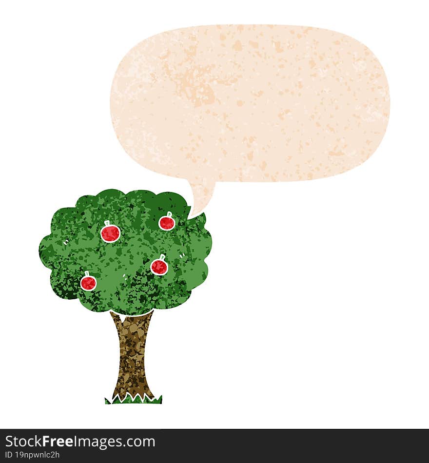 Cartoon Apple Tree And Speech Bubble In Retro Textured Style