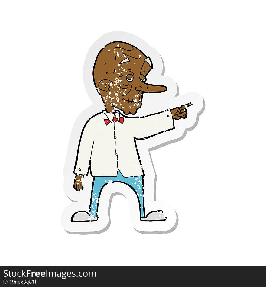 retro distressed sticker of a cartoon old man pointing