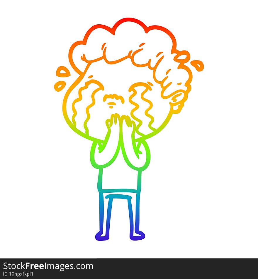 rainbow gradient line drawing of a cartoon man crying