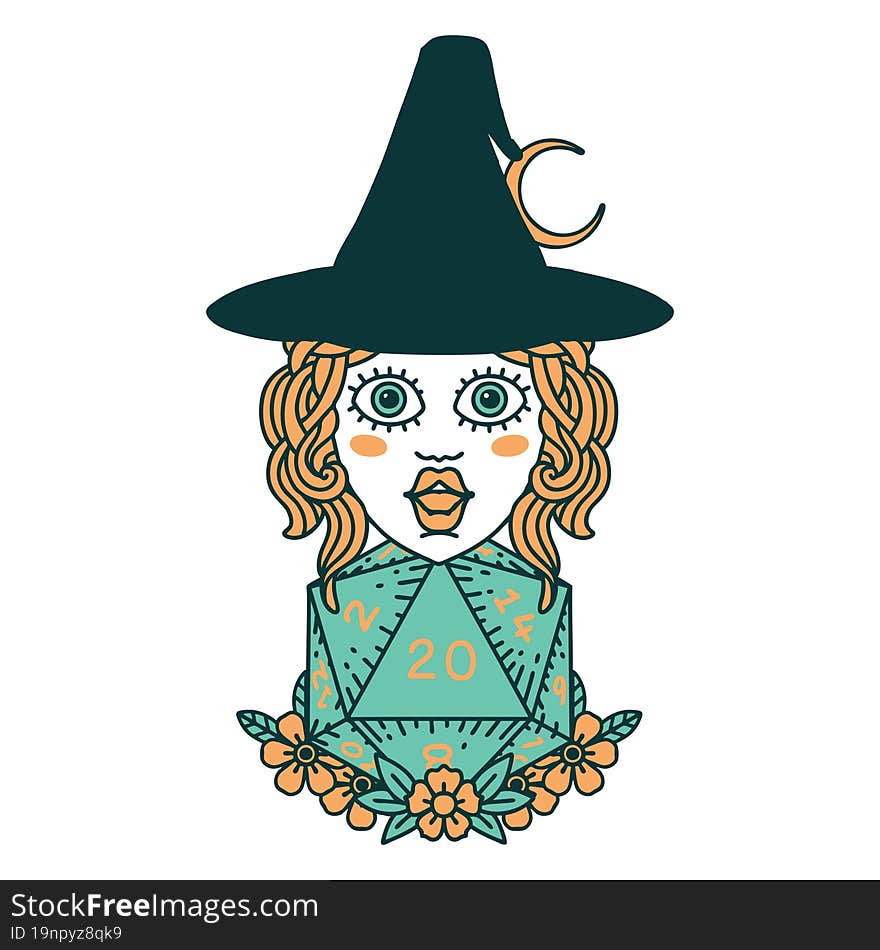 human witch with natural twenty dice roll illustration