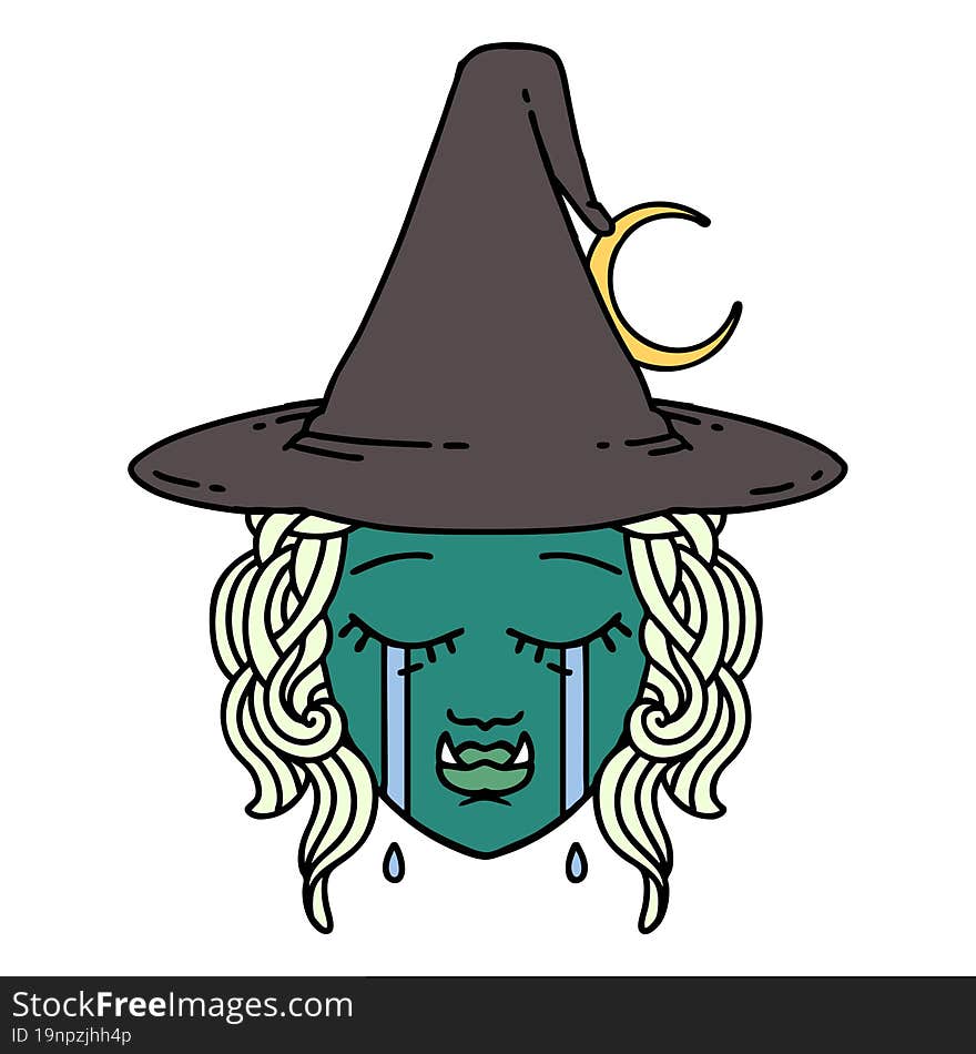 Retro Tattoo Style crying half orc witch character face. Retro Tattoo Style crying half orc witch character face