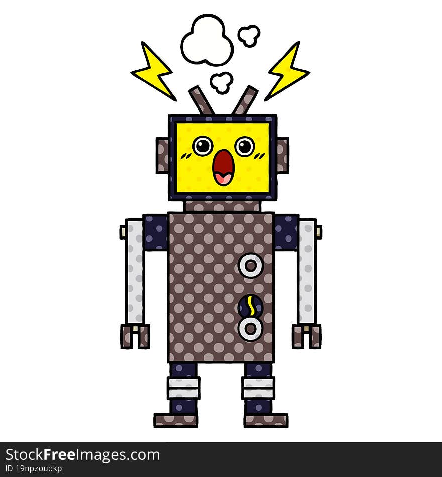 comic book style cartoon of a malfunctioning robot