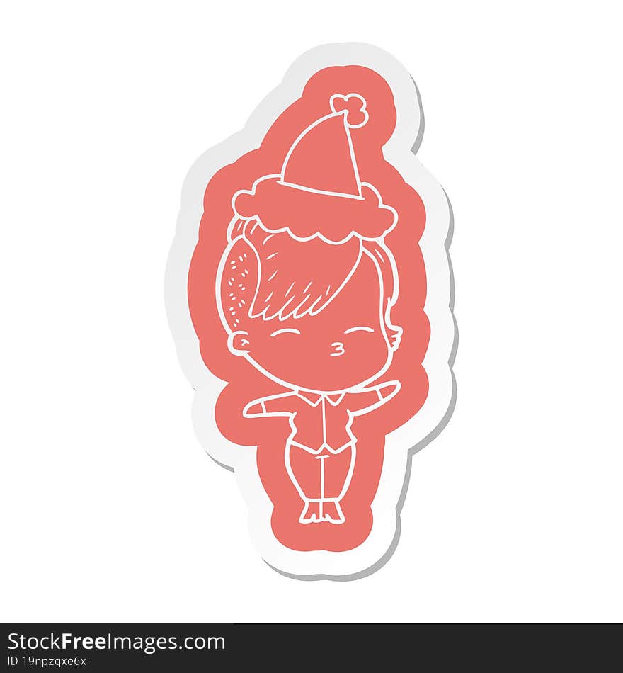 Cartoon  Sticker Of A Squinting Girl Wearing Santa Hat