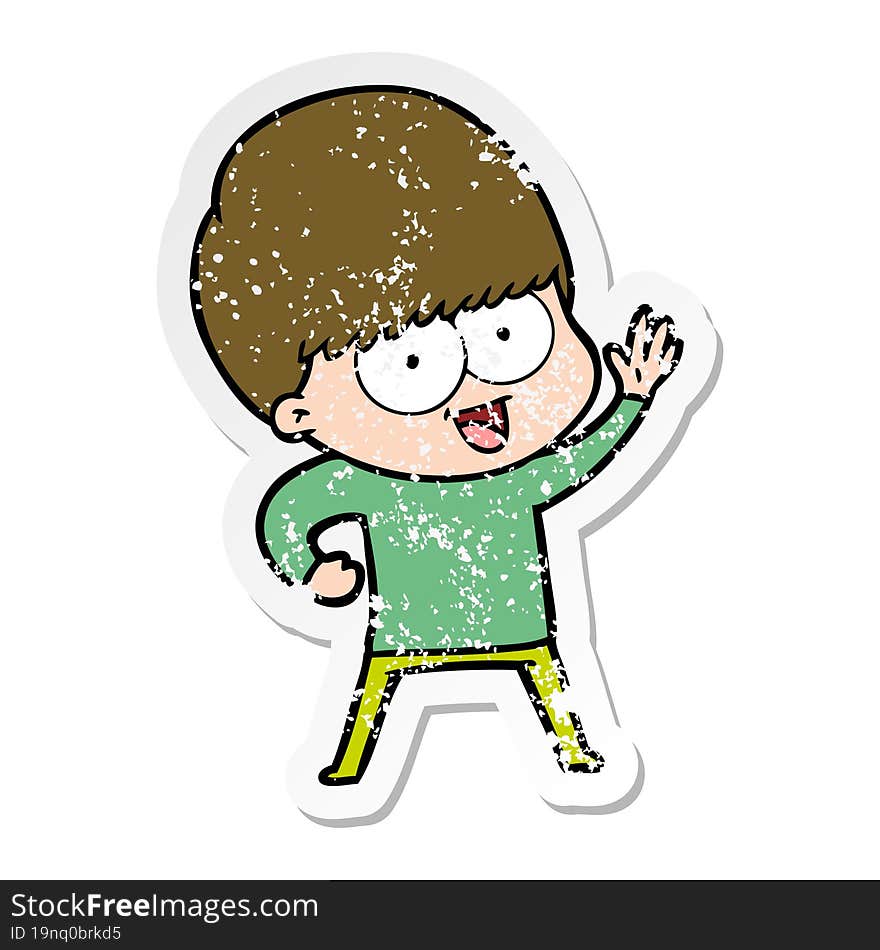 distressed sticker of a happy cartoon boy