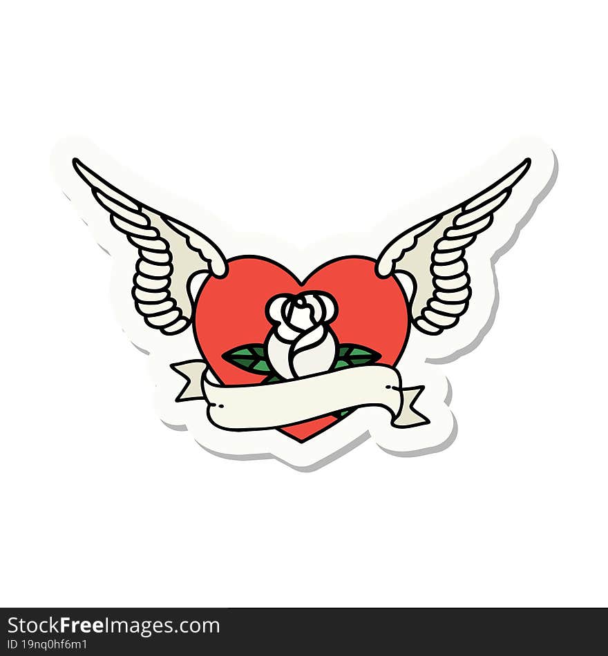 Tattoo Style Sticker Of A Flying Heart With Flowers And Banner