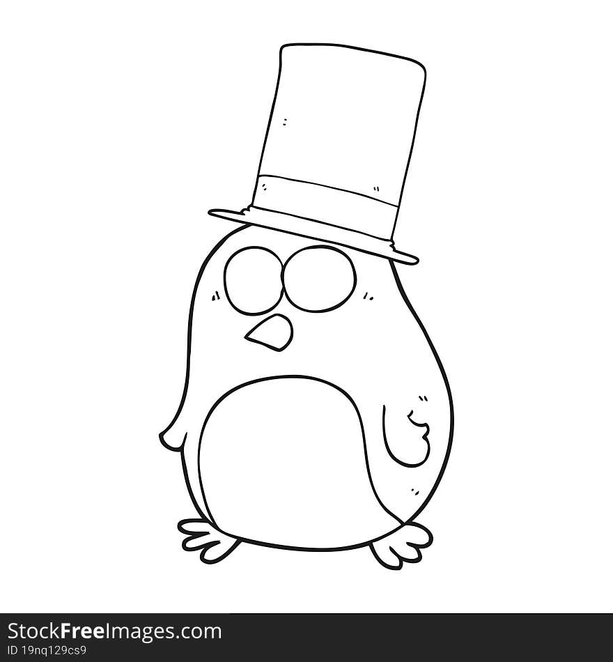 freehand drawn black and white cartoon bird wearing top hat