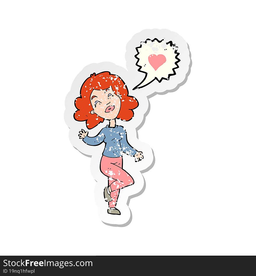 retro distressed sticker of a cartoon woman in love