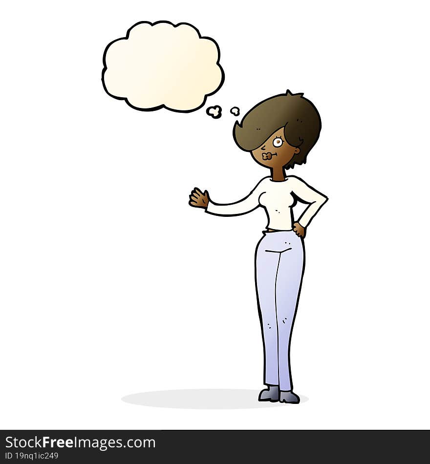 cartoon woman waving with thought bubble