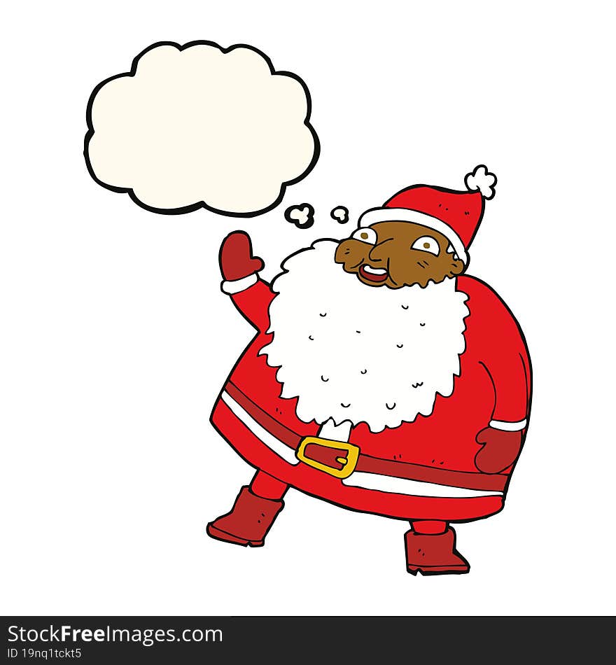 funny waving santa claus cartoon with thought bubble