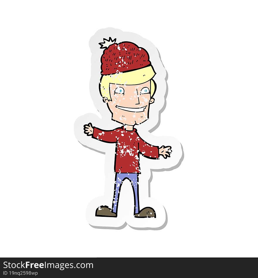 retro distressed sticker of a cartoon man wearing winter hat