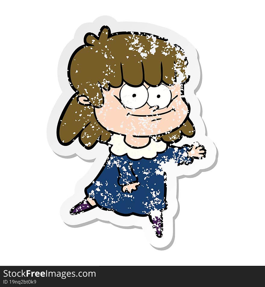 distressed sticker of a cartoon smiling woman