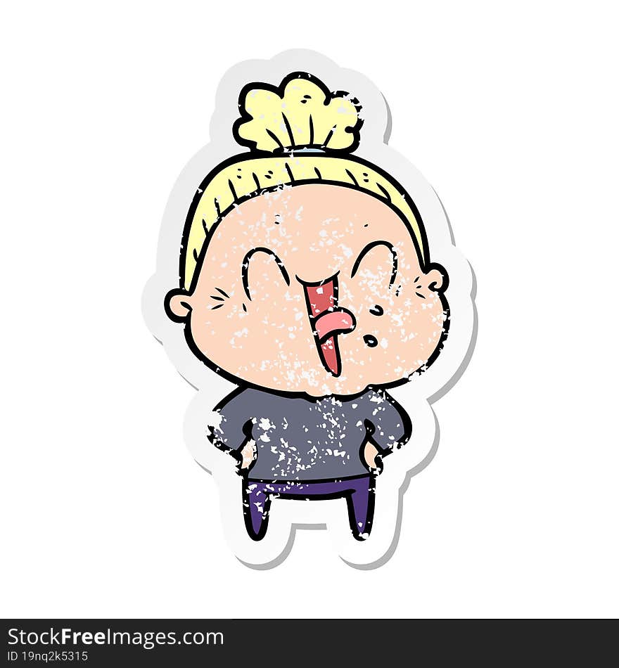 distressed sticker of a cartoon happy old woman