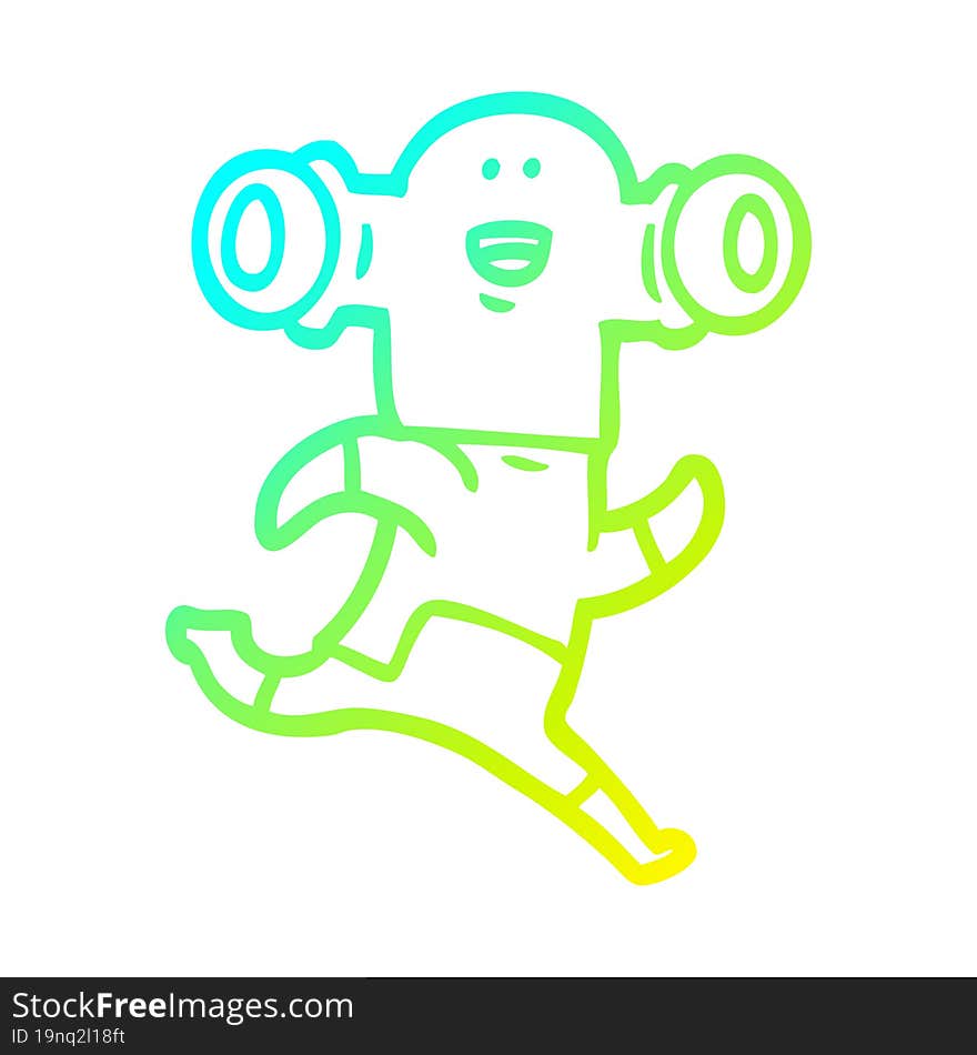 cold gradient line drawing of a friendly cartoon alien running