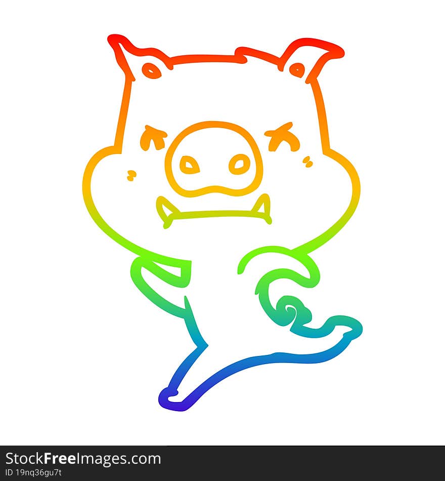 rainbow gradient line drawing angry cartoon pig charging