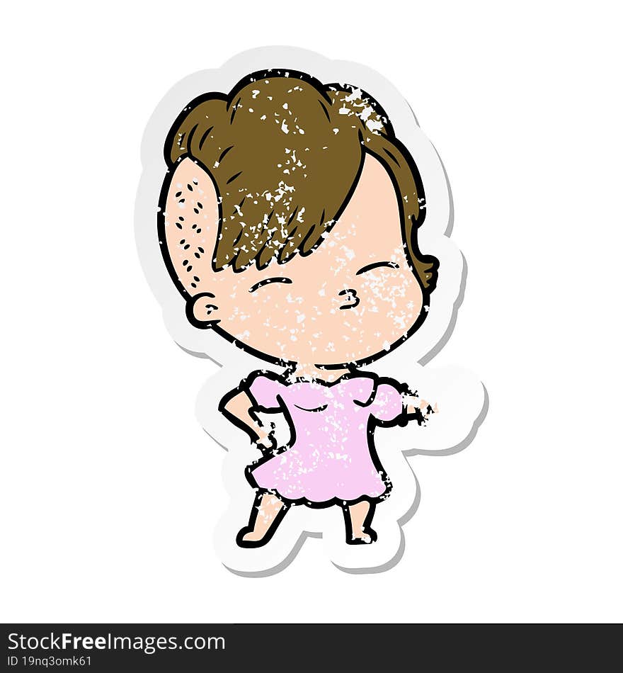 distressed sticker of a cartoon squinting girl pointing