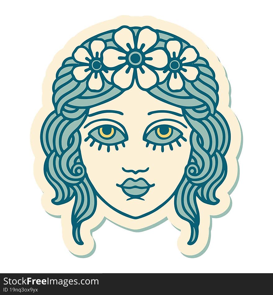 Tattoo Style Sticker Of Female Face With Crown Of Flowers